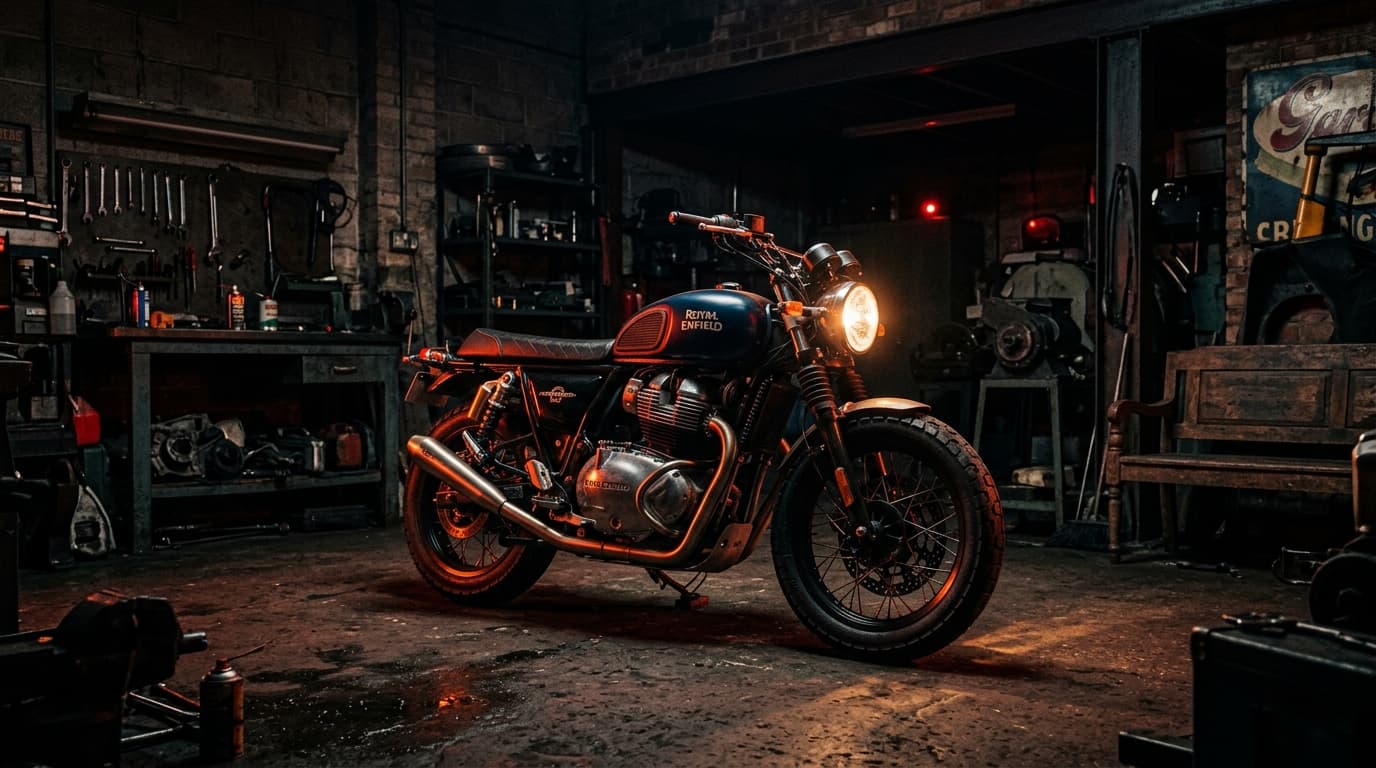 Royal Enfield motorcycle parked in a moody garage workshop with warm rim lighting