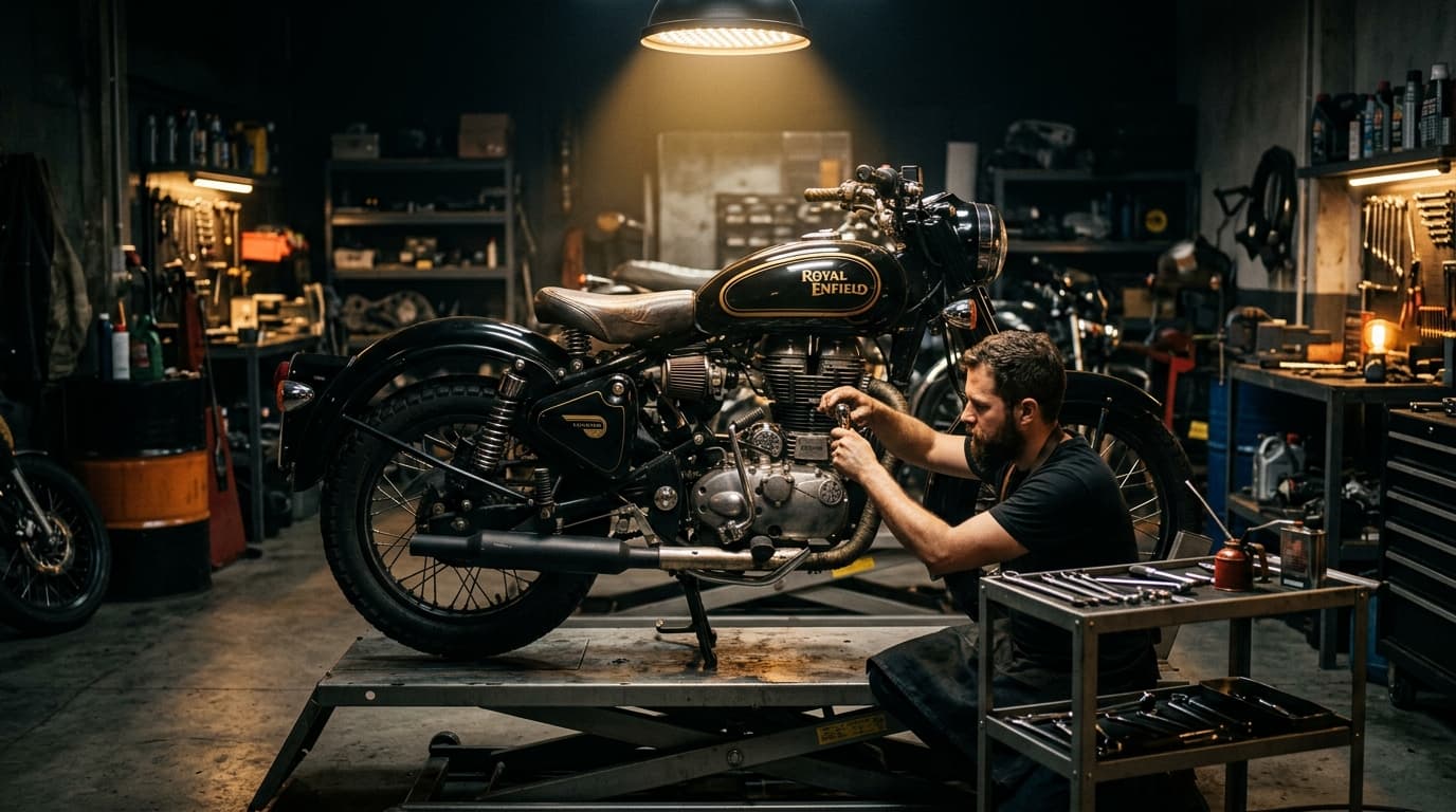 Royal Enfield motorcycle specialist service in modern workshop garage