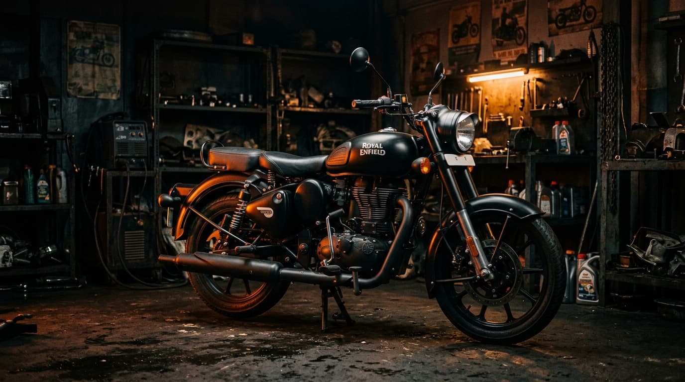 Black Royal Enfield Classic 350 motorcycle parked in a dark garage workshop with warm rim lighting